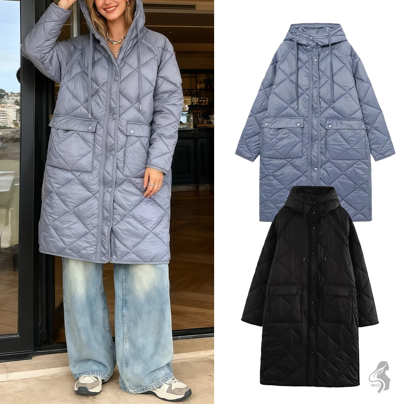 

Woman Clothes Long Hooded Cotton Jacket For Women Quilted Diamond Pattern With Drawstring Waist Comfy And Warm Workwear Coat