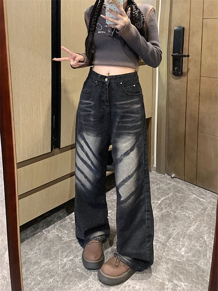 Damskie jeansy vintage z graffiti, białe, z falą, z wysokim stanem, proste, spodnie w stylu vintage z lat 90., streetwear, casualowe spodnie denimowe Y2K