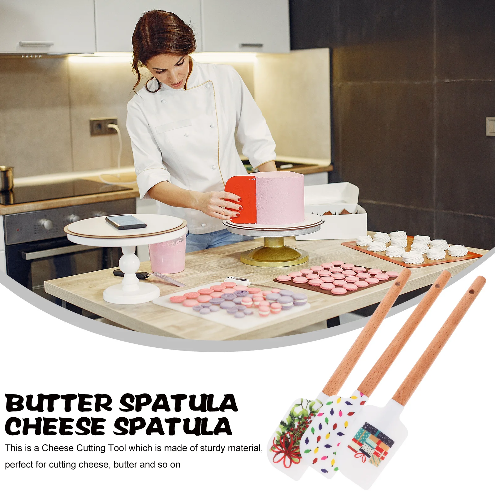 

3Pcs Christmas Silicone Spatulas Wooden Handle Baking Tools Cake Cream Scraper Xmas Cake Spatulas Christmas Silicone Spatula