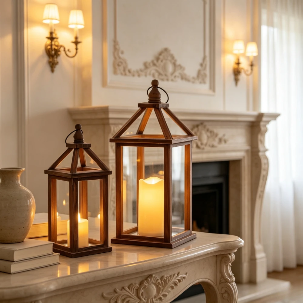 Rustic Wooden Candle Lantern Farmhouse Candle Holder Vintage Wood Lantern for Living Room Home Fireplace Decoration