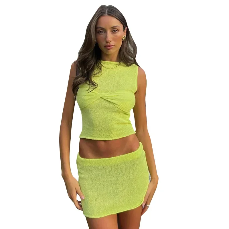 2024 Summer Thin Women Tracksuit 2 Piece Set Cross Strapless Tank Tops+Skirts Casual Stretch Matching Skinny Chic Outfits