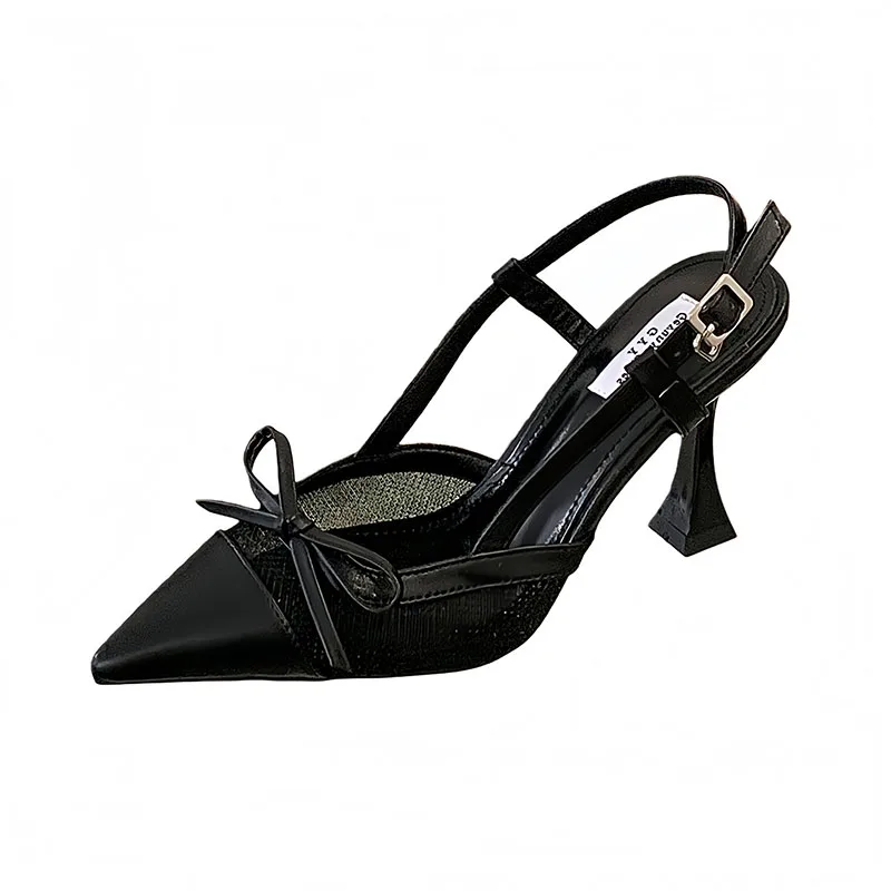 

White Shoes Heels Summer Slingback Ladies Pumps Black Mesh Pointed Toe Simple Heels For Woman Bow Office Shoes