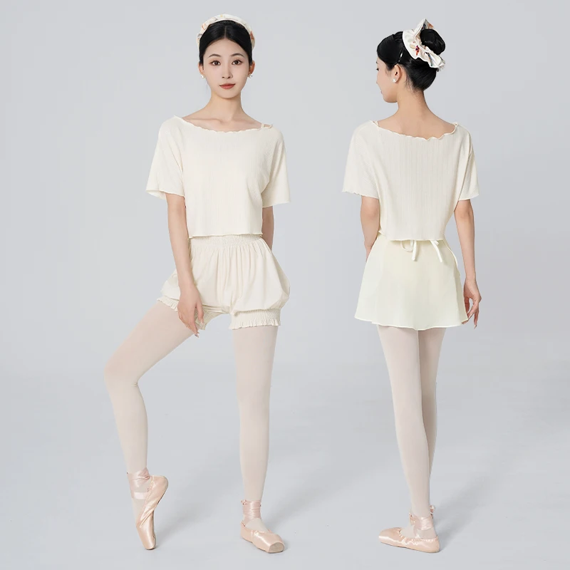 Women Cropped Dance Top Off Shoulder Short Sleeve T-Shirt Ballet Practice Wear Cover Up Summer image 4