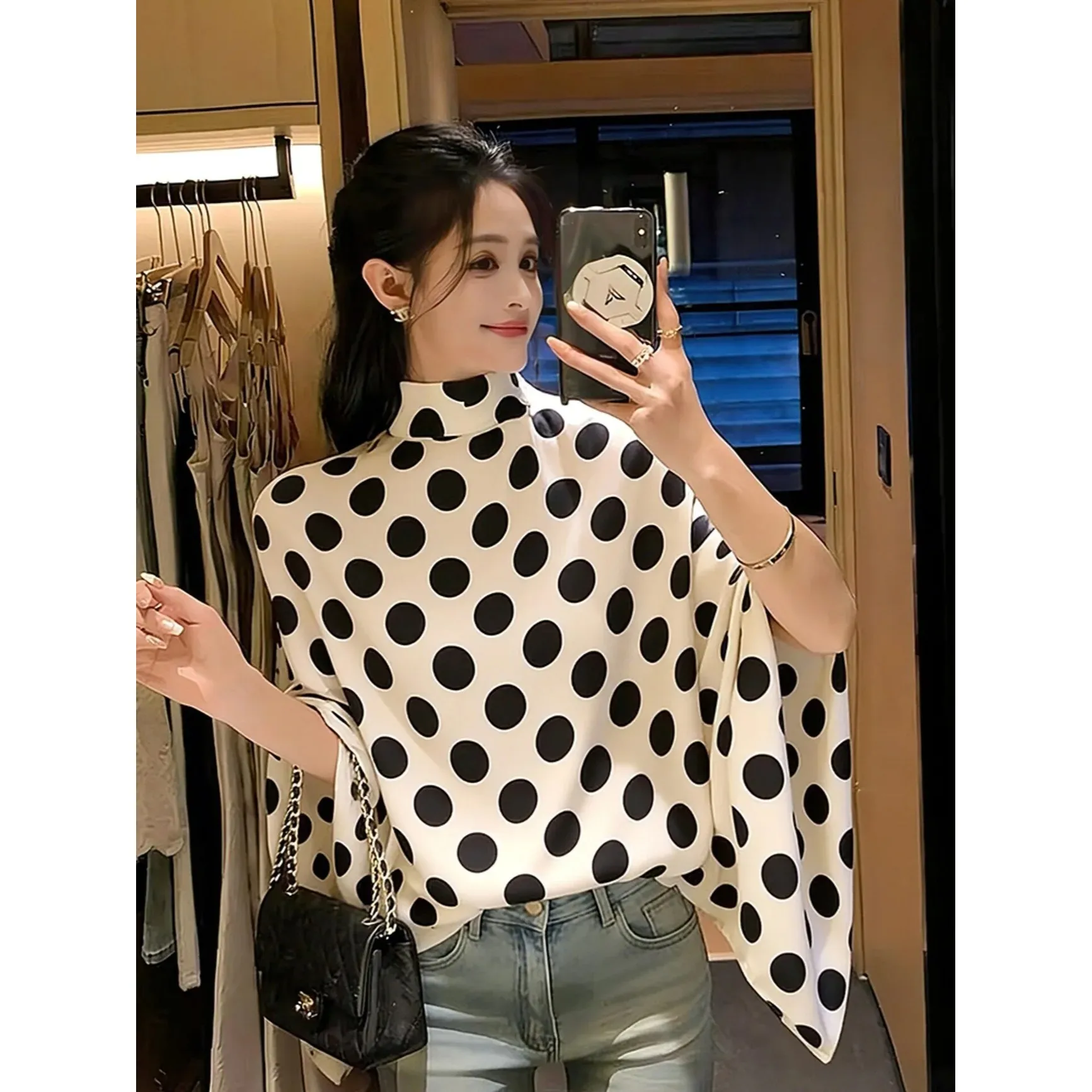 

Elegant Unique White Polka Dot Shirt Women's Spring 2026 New Loose Fit Long Sleeve Breathable Polyester Fashion Top