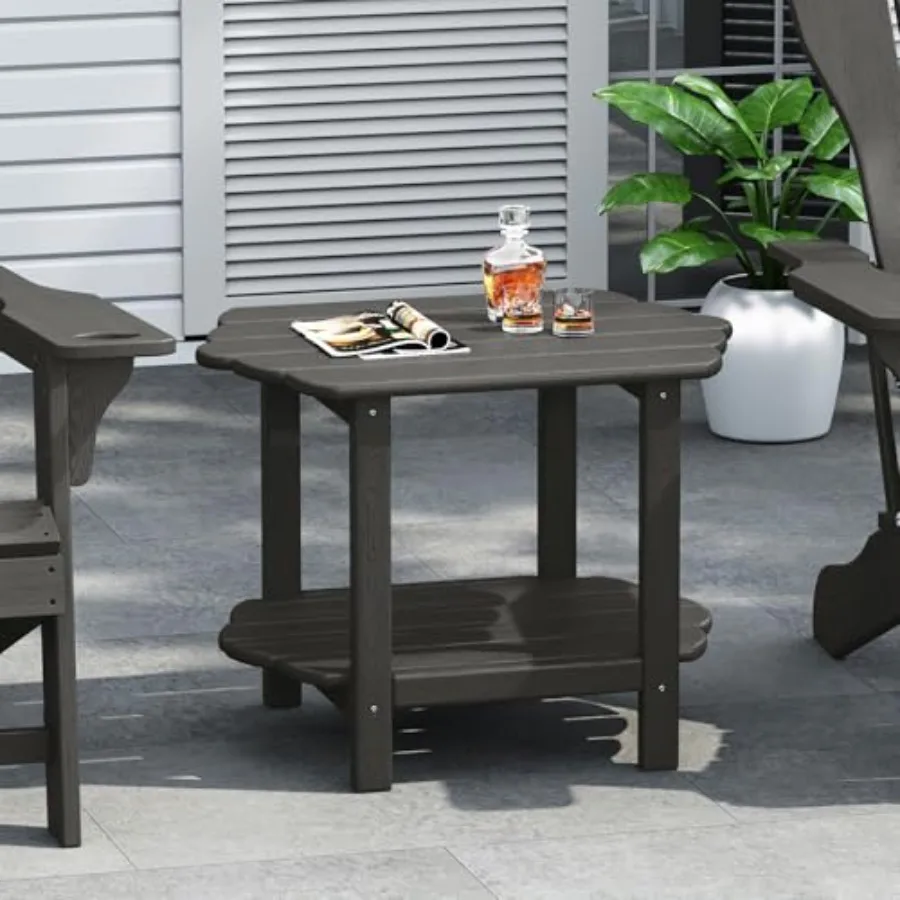 

Outdoor patio side table HDPE plastic grey 2-tier rustic Adirondack design with storage shelf for garden balcony backyard pool