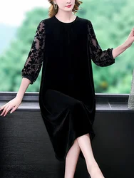Autumn Winter Black Velvet Chic Hook Flower Hollow Sexy Midi Dress Women Solid Elegant Bodycon Dress 2024 Korean Vintage Dresses