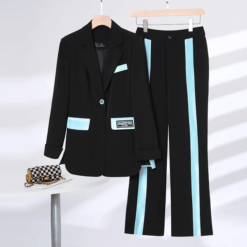 Ensemble blazer et pantalon noir imbibé pour femme, veste de travail, manteau formel élégant, robe de Rh, vêtements d'affaires, bureau, printemps, fjSpring, 2 pièces