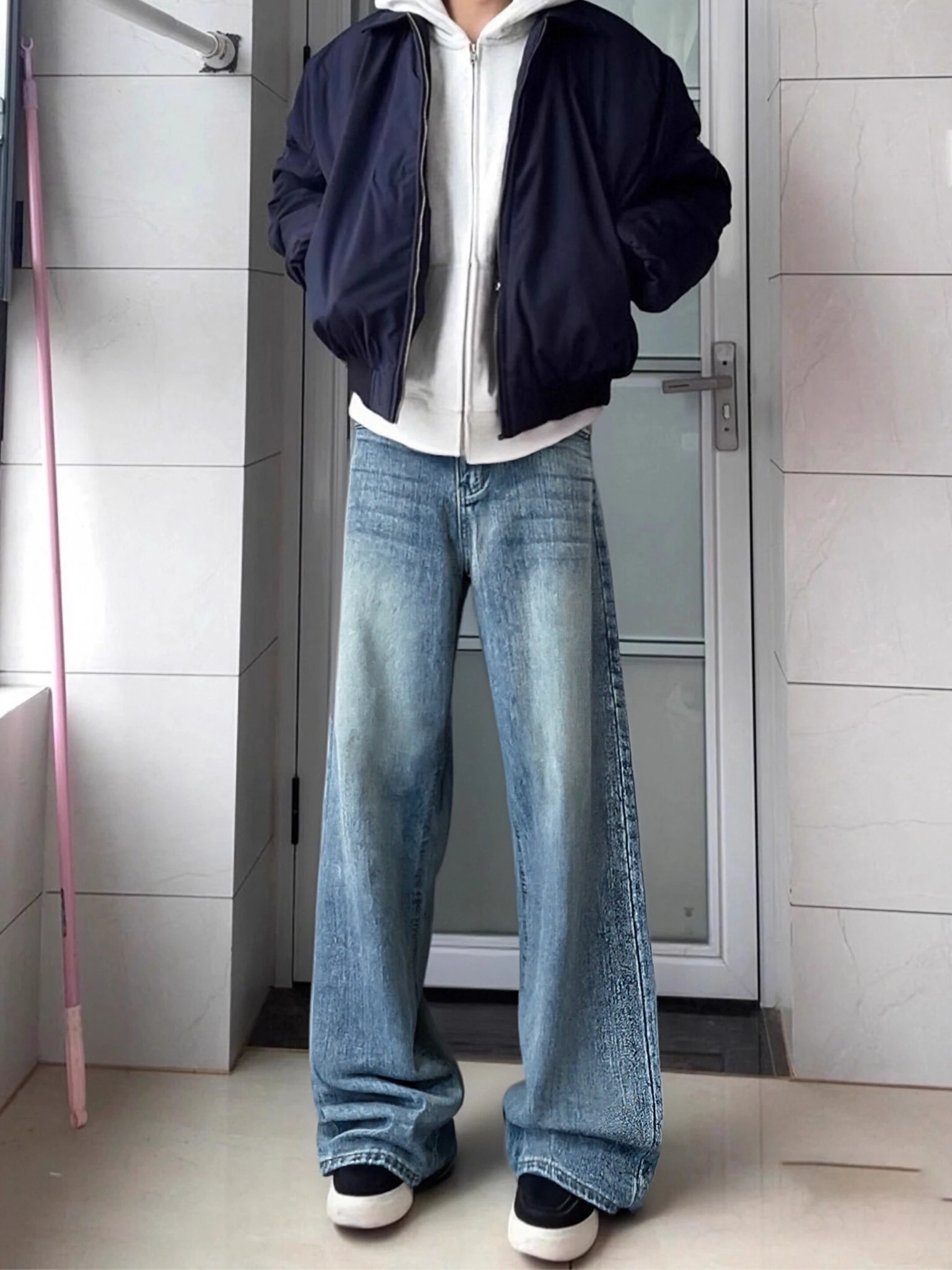 

Blue Bamboo Bud Patterned Men's Denim Jeans Autumn Winter Fce Straight Leg High Street Cleanfit Flared Pants Casual Trousers