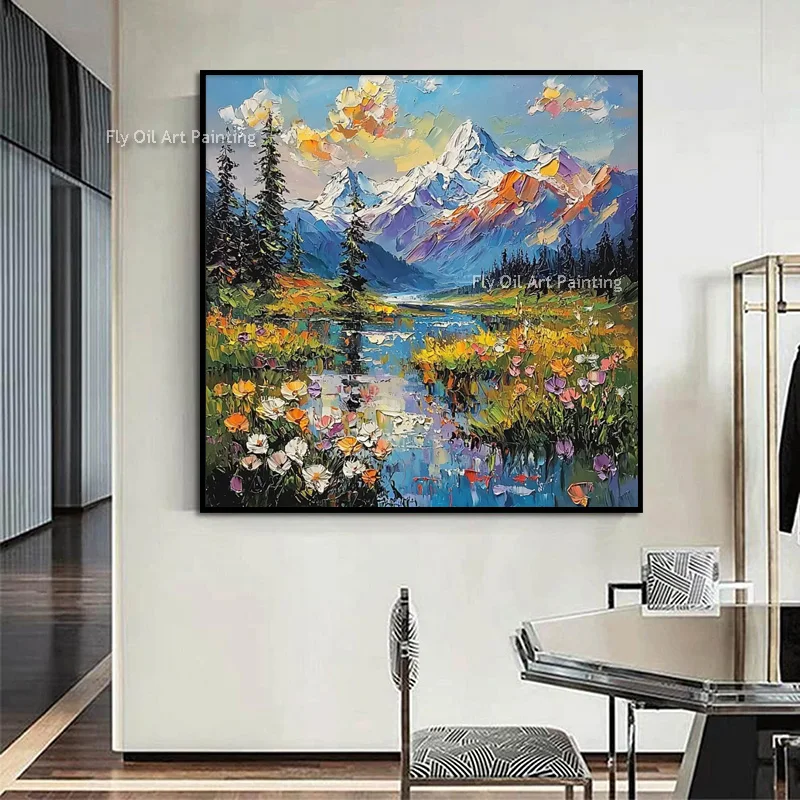 Modern Style Wall Art Hand Painted Countryside Landscape Canvas Artwork Handmade New Blue Yellow Mountains View Oil Painting