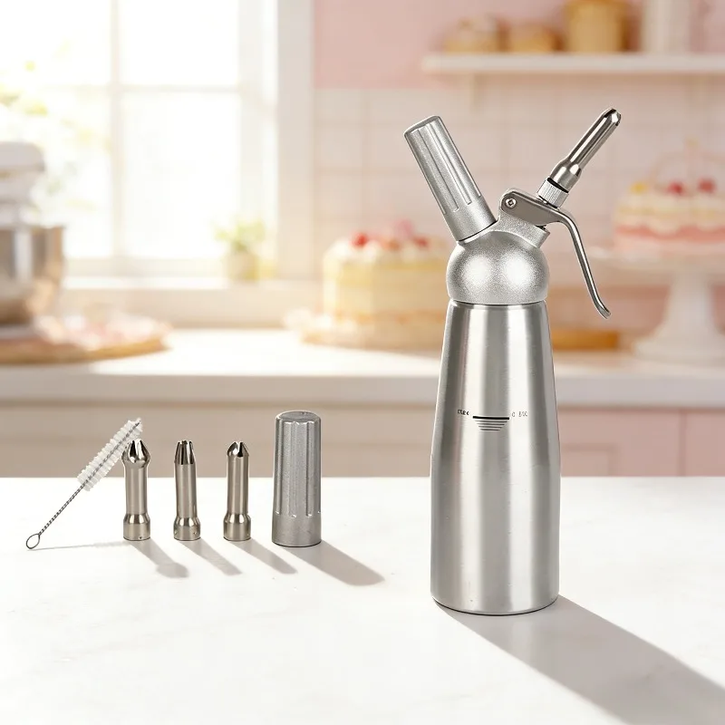 500/1000ml Stainless Steel Cream Foamer Cream Gun Siphon Squeeze Bottle Bring Three Cream Heads Cleaning Brush Cream Dispenser