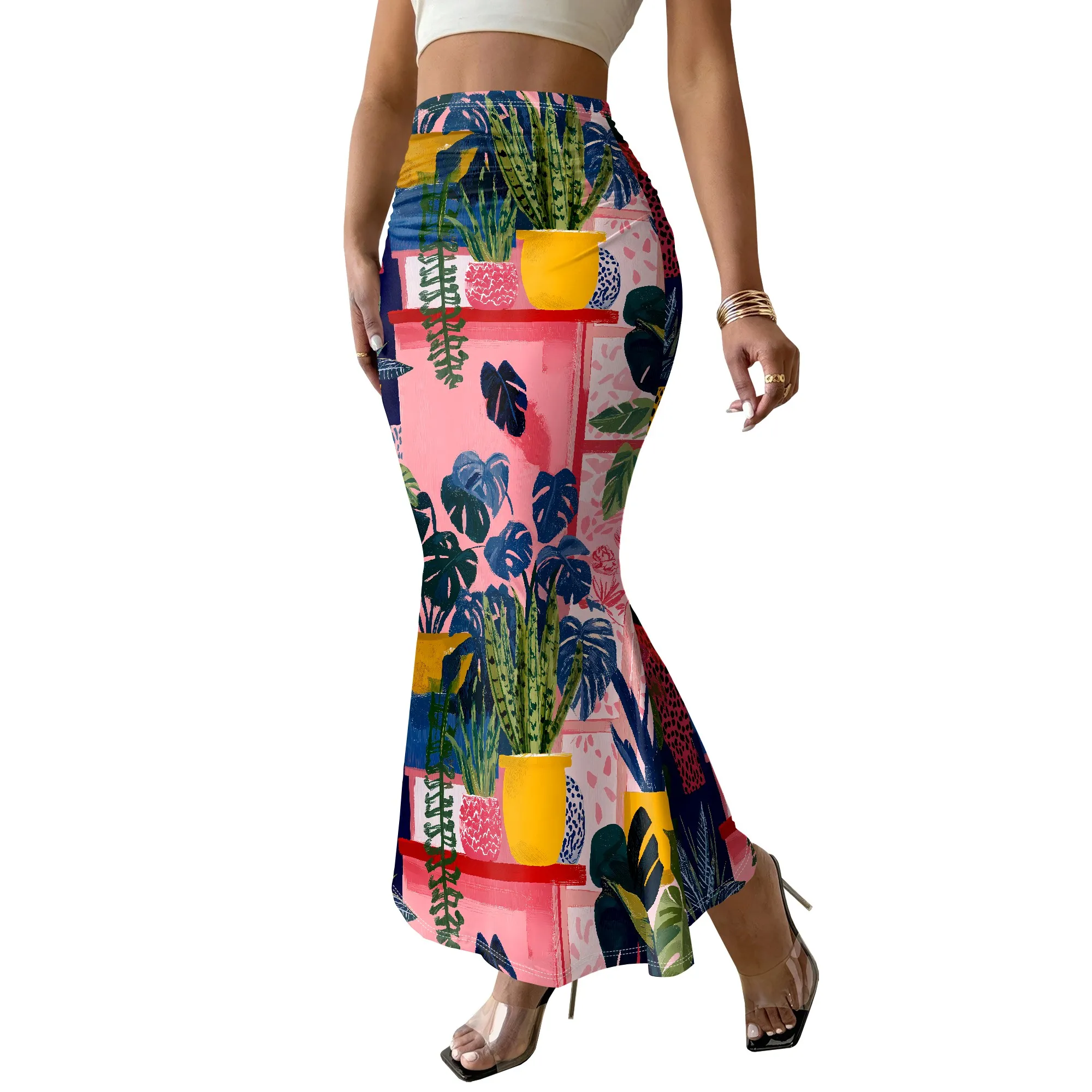Tropical Plant Print Skirt, Summer Beach Maxi Skirt, Boho Floral Mermaid Hem, Vacation Wear for Women, S-2XL