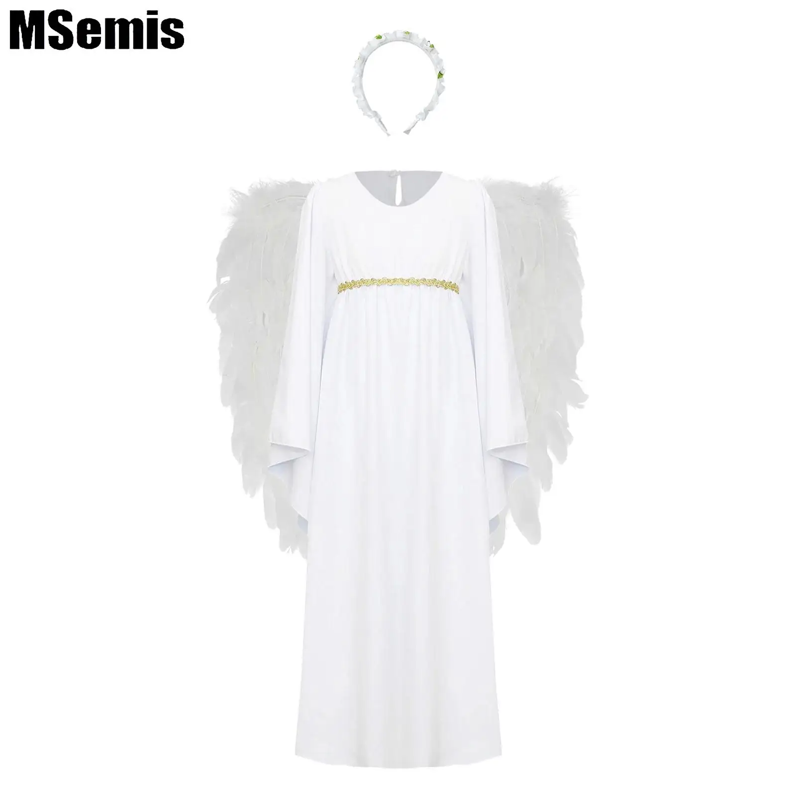 

Kids Girls Angel Dress Devil Costume Set Long Sleeve Round Neck Dress with Headwear Headband And Feather Wings for Halloween