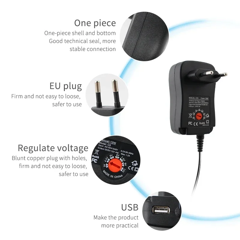 3-12V Adjustable Power Supply Adapter 3V 4.5V 5V 6V 7.5V 9V 12V 2A AC/DC 30W Universal Adaptor Charger for LED Light Strip