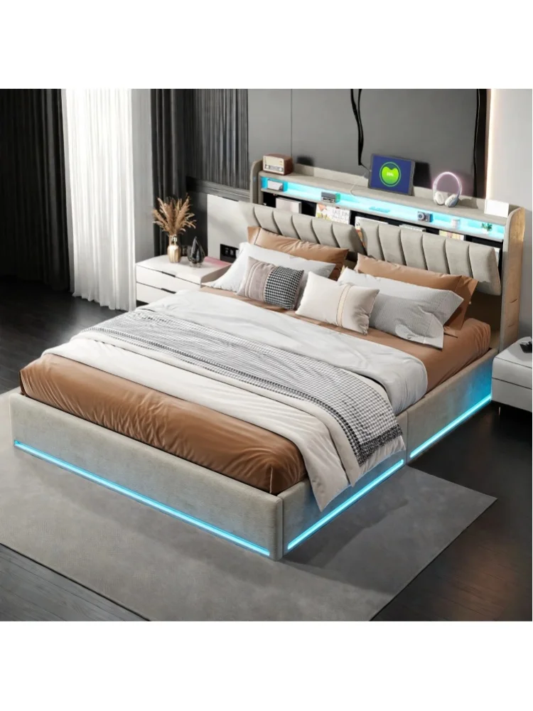 Comanlai Doppelbett mit Stauraum und LED-Beleuchtung, Hydraulischer Bettrahmen, Kopfteil mit Staufach und USB-Ladeanschluss, Ohne Matratze