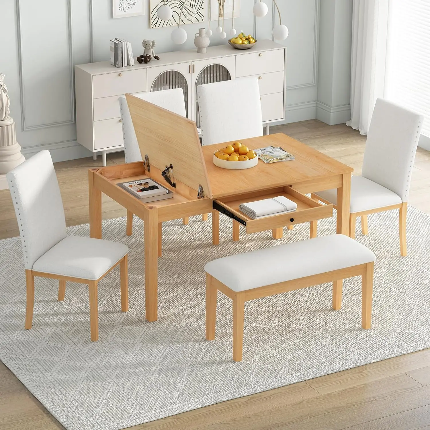 LostCat Dining Table Set for 6 with Drawer, Kitchen Table Set with Storage Table, Dining Room Table Set with Storable Bench