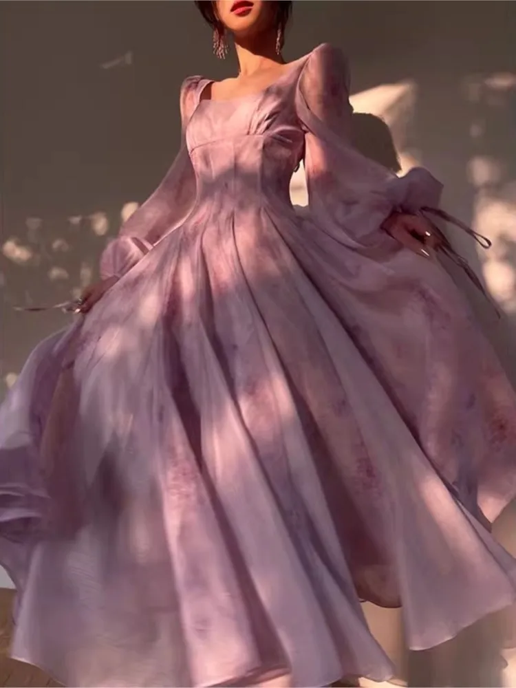 

Woman French Vintage Vacation Party Long Dresses Elegant Purple Long Sleeve Slim Evening Dress Chic Fairy Print Flower Vestidos