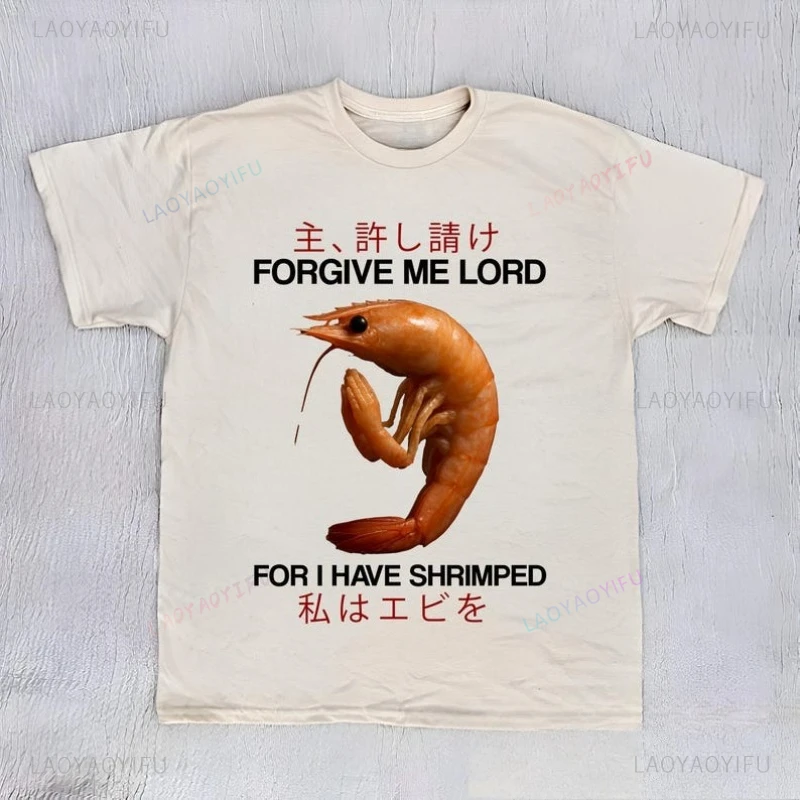 Forgive Me Lord for I Have Shrimped Japanese Retro Shirt Funny Unhinged Shrimp Meme T-Shirt Aesthetic Shirts for Women Clothing