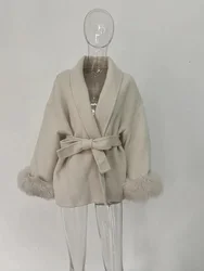 Women's High End Double-sided Wool Strapping Coat Removable Cuffs Fox Fur Temperament Double-sided Cashmere Short Jacket
