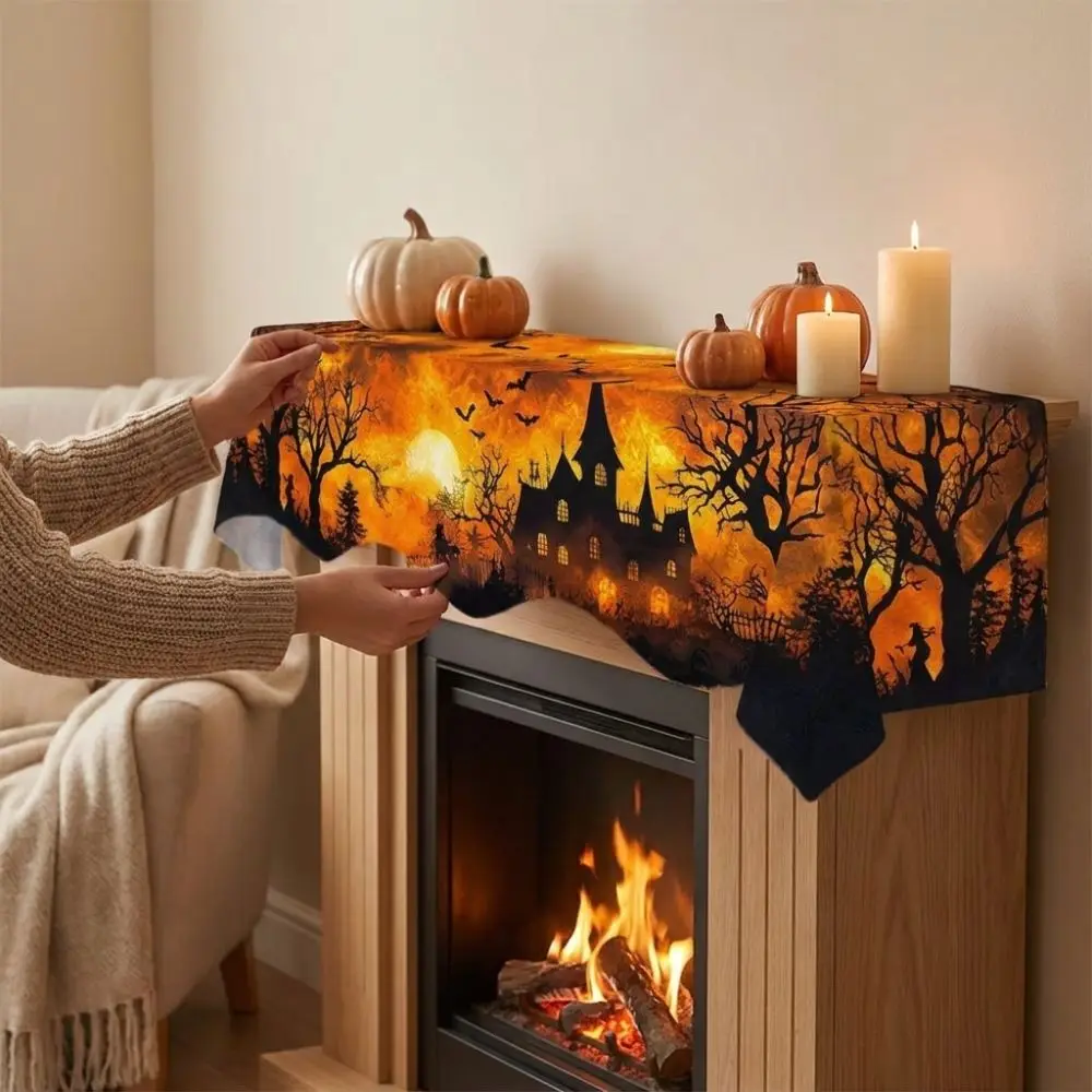 Scalloped Edge Halloween Mantel Scarf Country-Style Haunted House Spooky Fireplace Topper Cute Ghost Pumpkin Theme