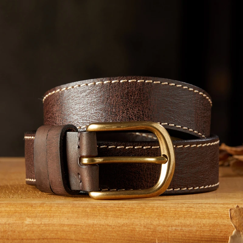 Handmade Vintage Genuine Leather Thickened Belt For Men Full Grain Cowhide Retro Pure Copper Pin Buckle Strap Casual Jeans Belt