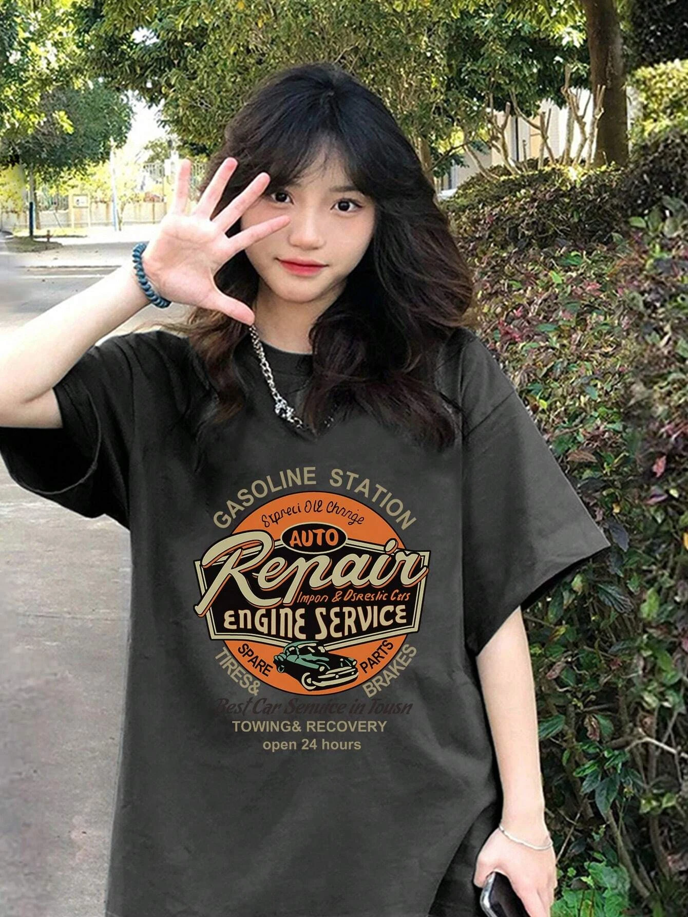 Y2K Punk Style Vintage Car Repair Graphic Loose-Fit Women's Black Casual Streetwear Tops