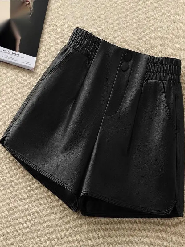 

Стильные темные шорты из искусственной кожи с широкими штанинами, женские повседневные брюки с высокой талией, свободные, стройнящие, прямого кроя, для весны и осени