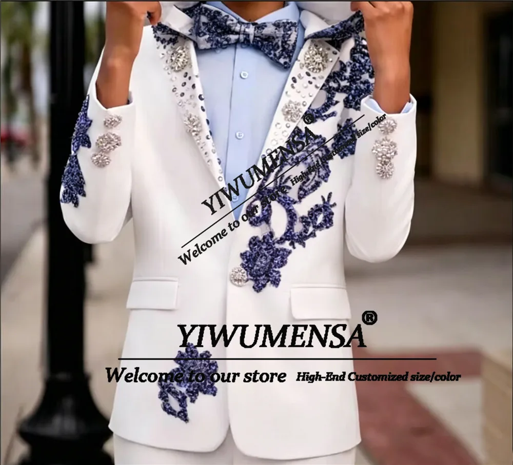 

Gorgeous Men Suits Customized Slim Fit Diamond Notched Lapel Groom Wedding Tuxedos 2 Pieces Sets Beaded Prom Blazers Ropa Hombre
