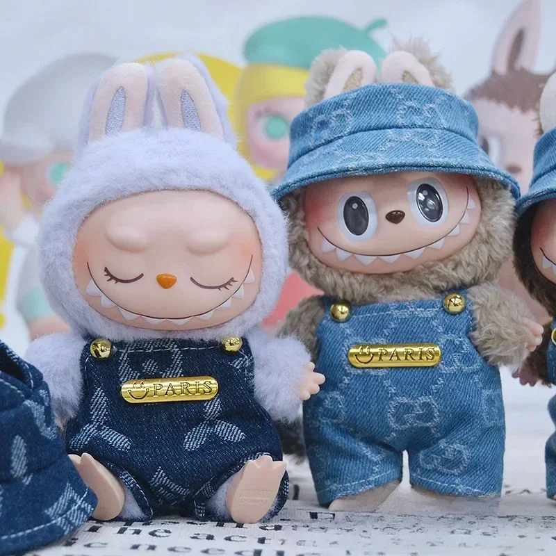 

Аксессуары для одежды для кукол LABUBU, 17 см, плюшевая кукла, ковбойский костюм, с подтяжками, логотипом Парижа, металлической пряжкой и рыбацкой шляпой.