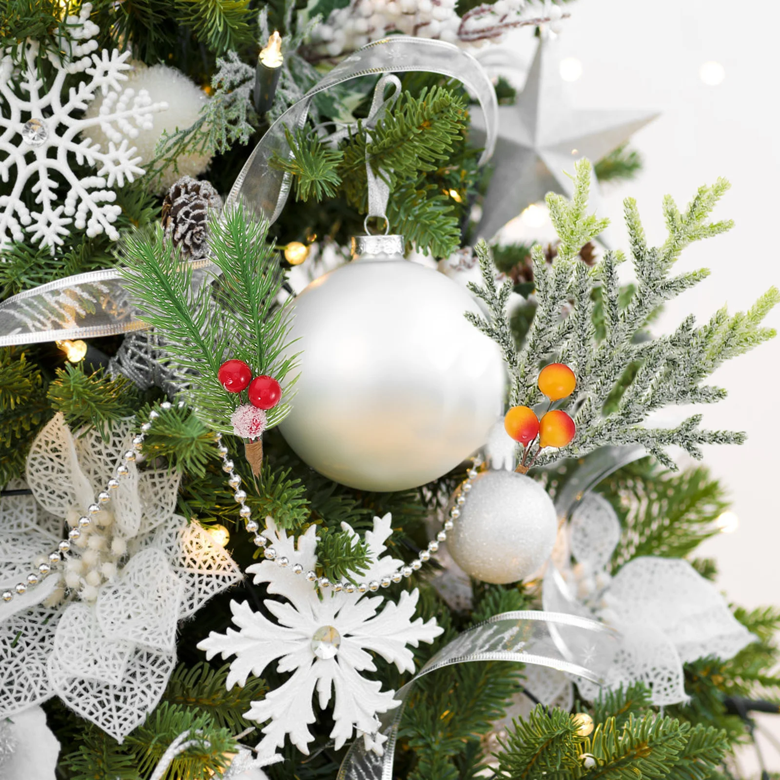 

12Pcs Christmas Tree Picks Frosted Artificial Pine Needles Branches Pine Cone Berry Stems Mini Red Berries Holiday Decor