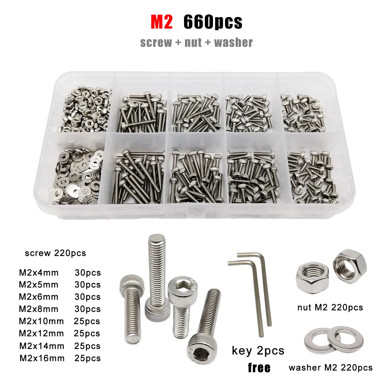 1 Box M1.6 M2 M2.5 M3 M4 M5 M6 M8 DIN912 304 A2 Stainless Steel Hex Hexagon Socket Allen Cap Head Screw Bolt Nut Assortment Kit