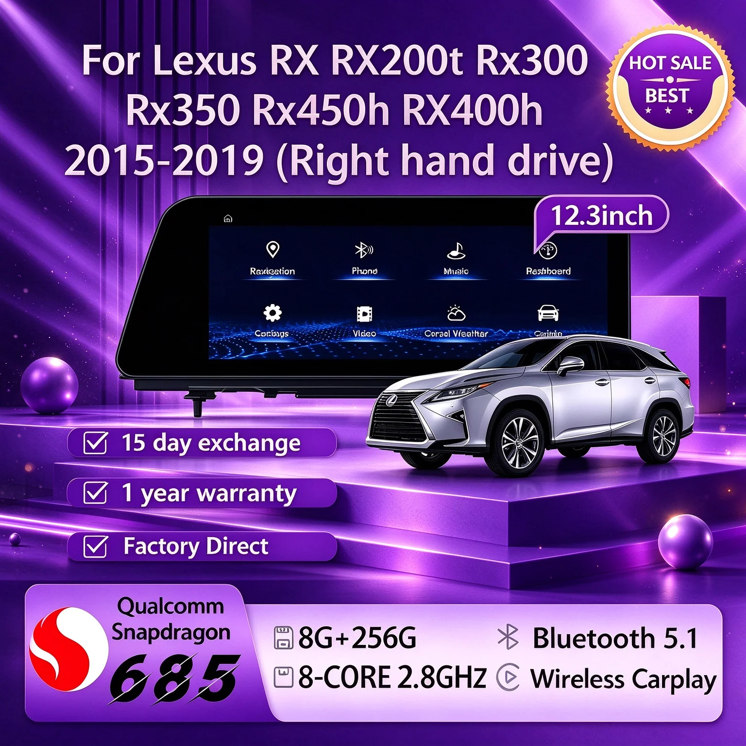 Lexus RX Right Hand Drive 12.3' Android 14 Snapdragon 685 Radio Screen Carplay for RX200t Rx300 Rx350 Rx450h RX400h 2015-2019