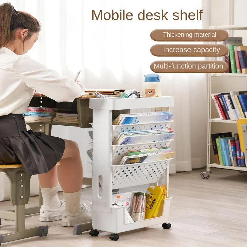 Movable Bookshelf with Wheels 5 Layer Table Side Bookcase Classroom Magazine Rack Desk OrganizerRolling Bookshelf Storage