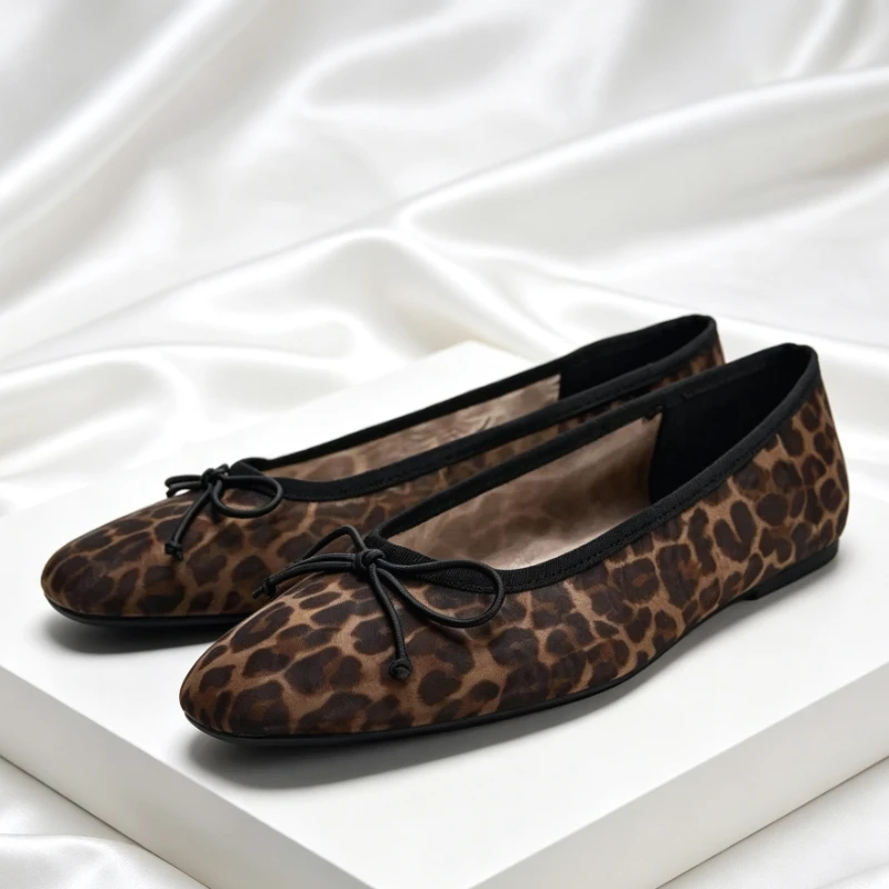 Summer Designer Leopard Mesh Breathable Ballerina Flat Shoes Casual Comfortable Women's Slip-on Shoes Square Toe Mary Jane Shoe
