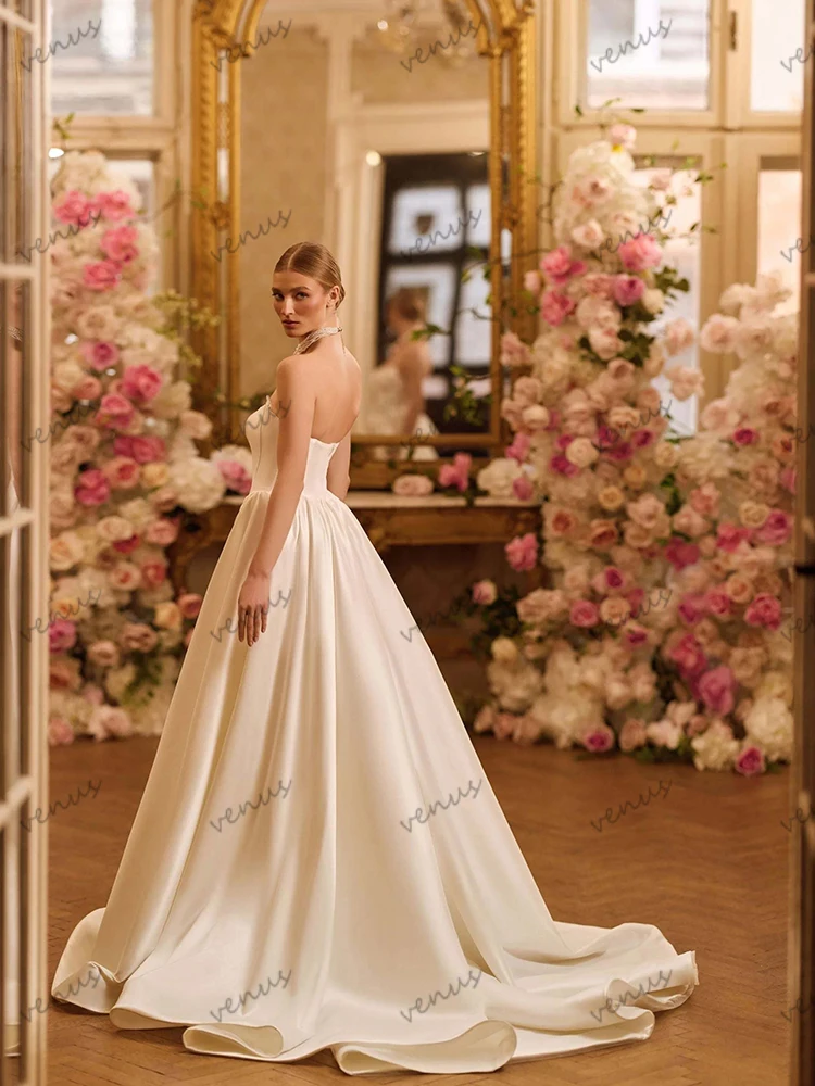 Klasyczne suknie ślubne Proste suknie ślubne Koronkowe aplikacje Seksowne bez ramiączek Długie do ziemi Szaty Vestidos De Novia Szyte na miarę 2026