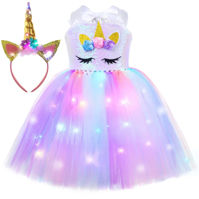Girls Unicorn Dress LED Light Up Birthday Party Tutu Princess Dress Outfit Halloween Christmas Unicorn Costume for Kids Clothes