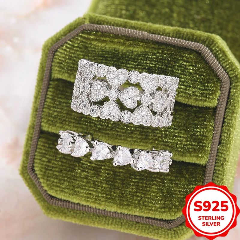 

Exquisite and Elegant Palace Style Authentic S925 Silver Heart-shaped Full Diamond Double Layer Women's Wedding Ring