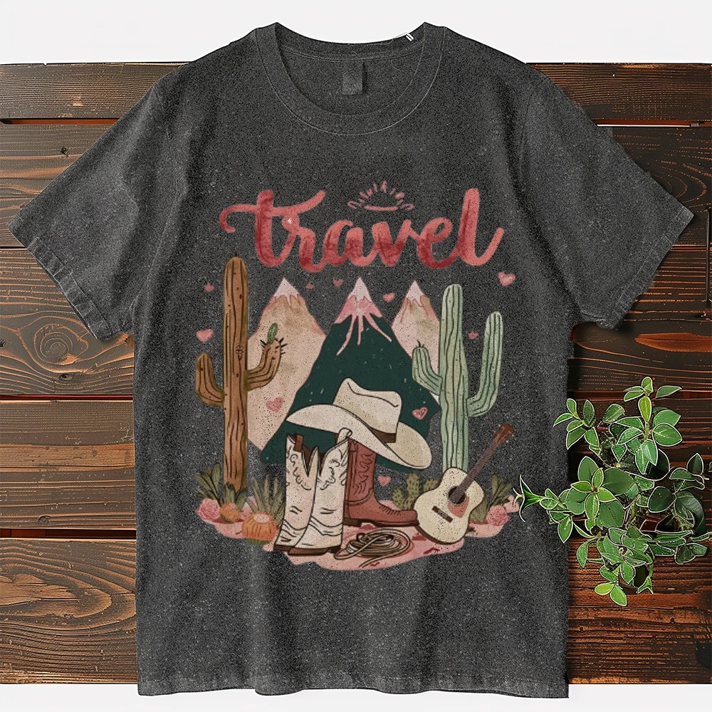 

Travel T-shirt West Cowboy Vintage Washed Shirts Neutral Wash Men's and Women's T-Shirts Cotton Four Seasons Tops Tees