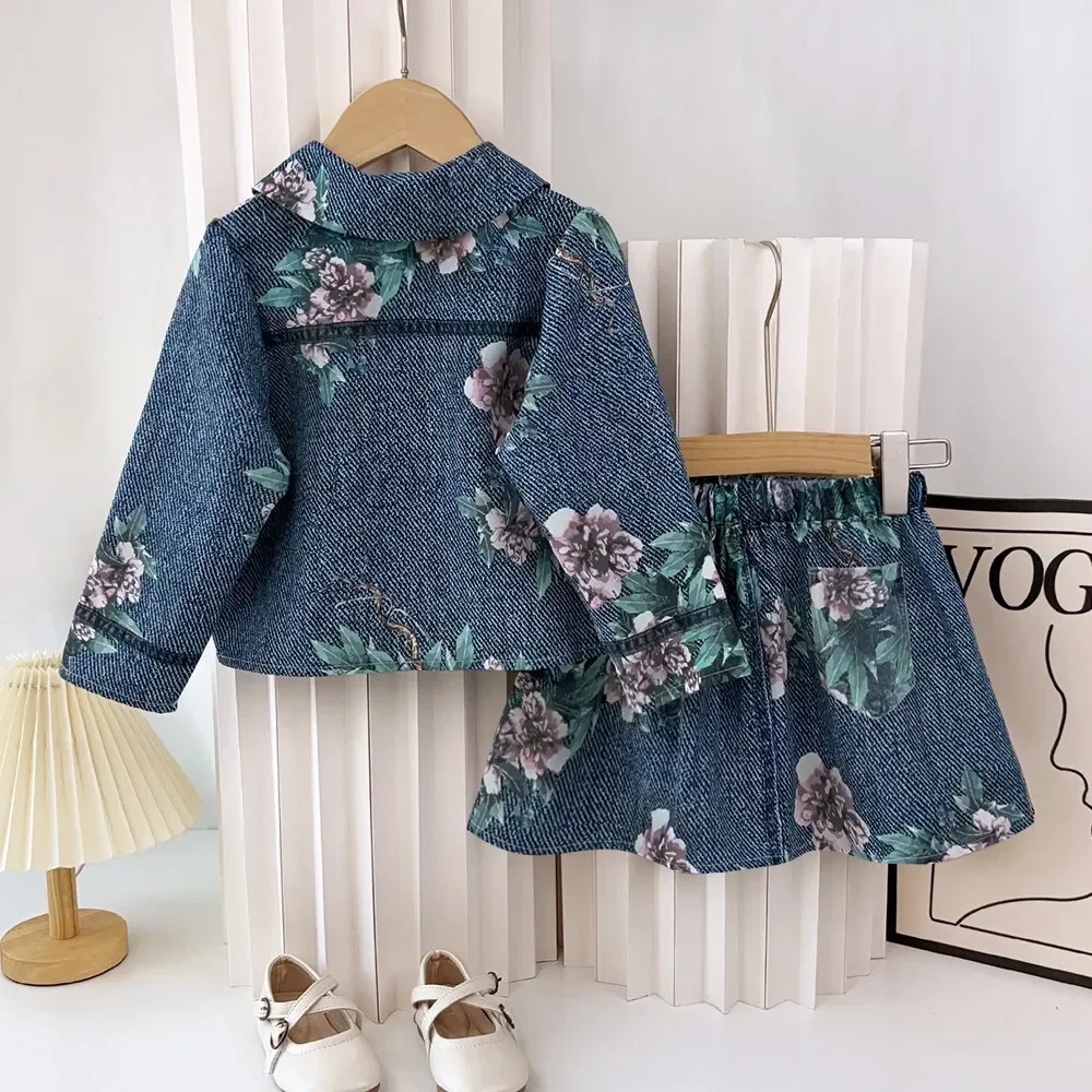 3 4 5 6 7 anni autunno ragazze stampa floreale set di abbigliamento autunno Denim-effetto maniche lunghe cappotto + gonna abiti bambini vestiti