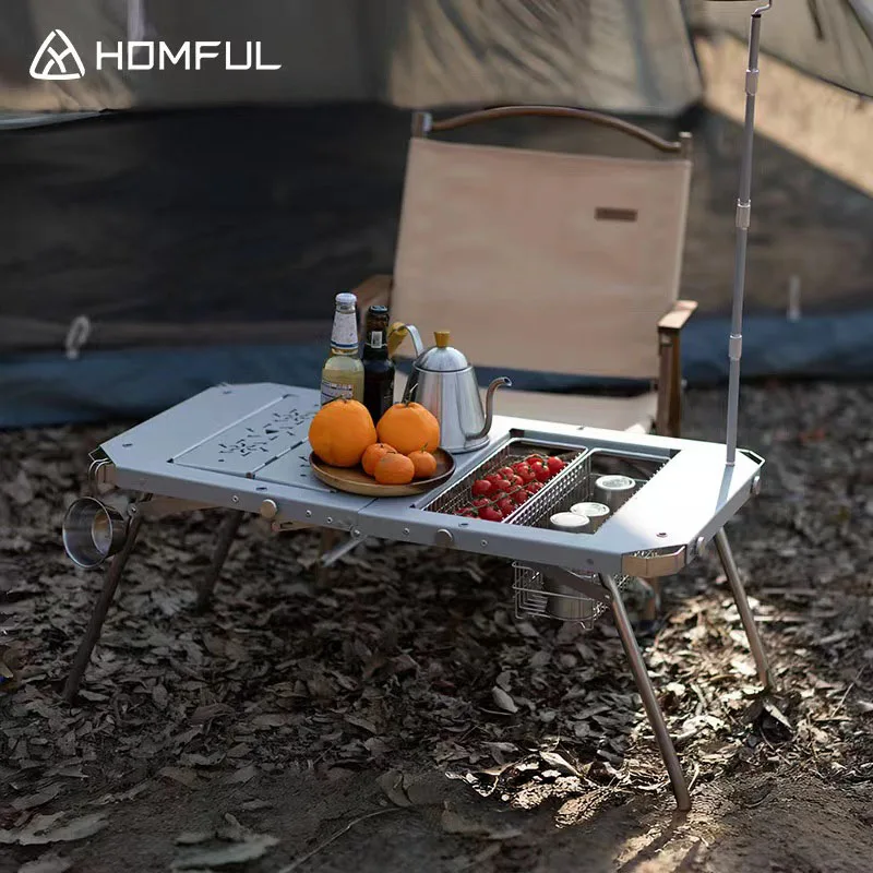 Mesa combinada para acampar al aire libre HOMFUL, combinación multiusos plegable IGT, marco para barbacoa y fogata hace que el cocina fácil en acampar