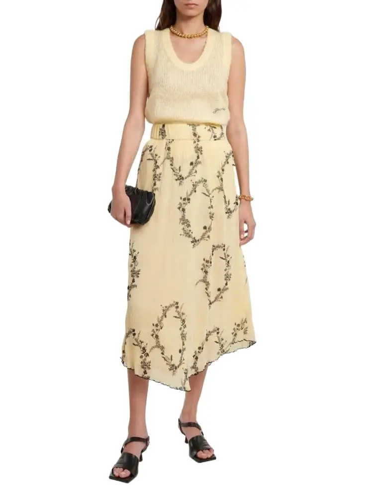 

2024 Summer Casual Fashion Chiffon Boho Maxi Skirt For Women A-LINE High Elastic Waist Skirt Elegant Sweet Yellow Print Skirt