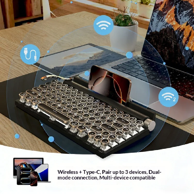 Wireless Mechanical Keyboard, Retro Typewriter Style Dual Mode Bt/Usb-C, Multi-Device Gaming Keyboard For Laptop Tablet  Phone