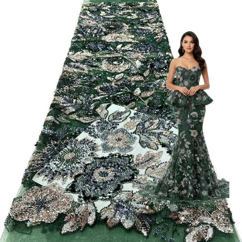 Green Luxury Heavy Beaded Fabric 2026 High-Quality African Sequined Mesh Lace Fabric Suitable for Women's Wedding Parties
