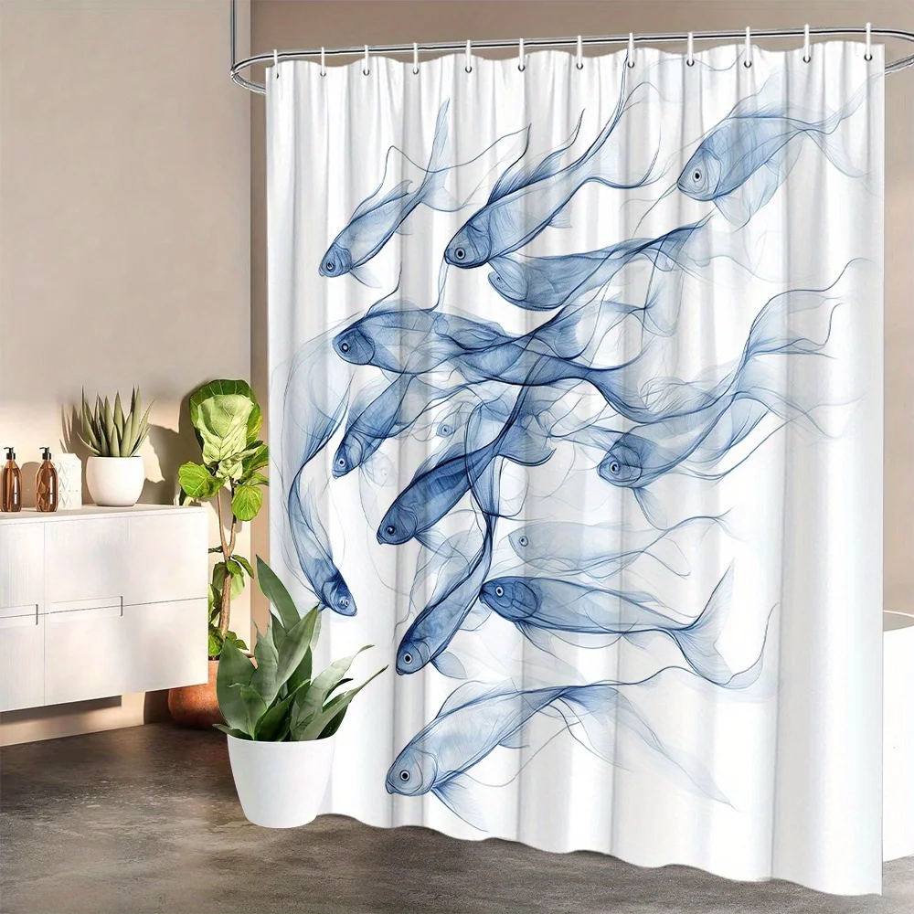 Minimalist Ink Wash Blue Transparent School of Fish White Background Print Shower Curtain Waterproof Mildew Resistant Polyester