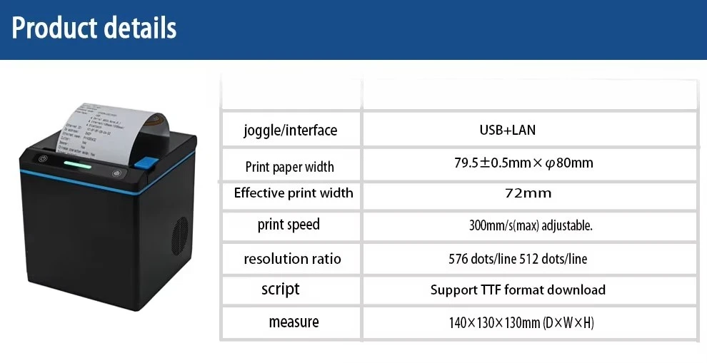 

80mm Thermal Receipt Kitchen Printer, USB/LAN/Bluetooth/WiFi/Cloud Connectivity, Ideal for Takeout Order Printing