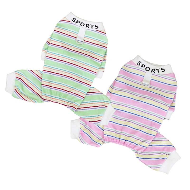 

Colorful Striped Small Dog Pajamas Soft Stretchy 4 Legged Puppy Jumpsuit Lightweight Breathable Clothes with Sport Print