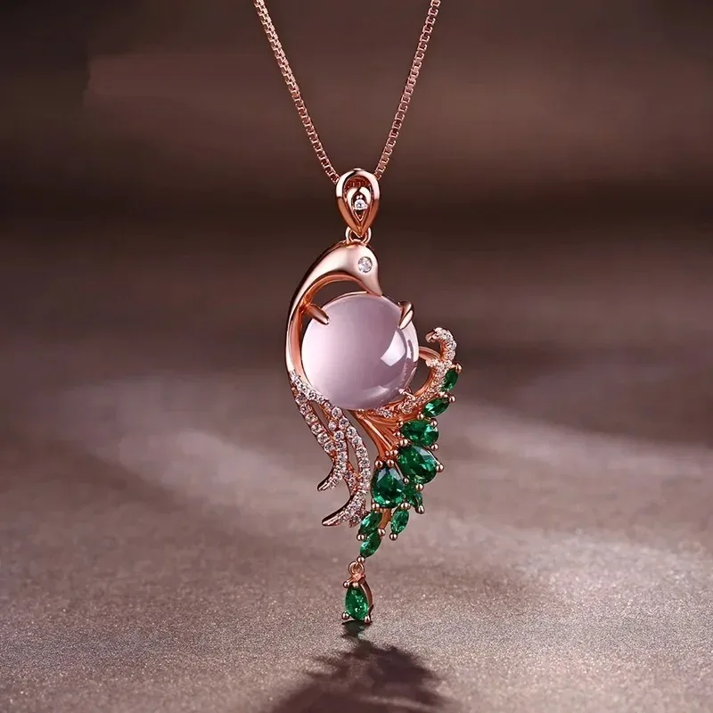 Natural Pink Chalcedony Hand Carved Phoenix Pendant Fashion Jewelry Women's 925 Silver Inlaid Necklace Gift Accessories