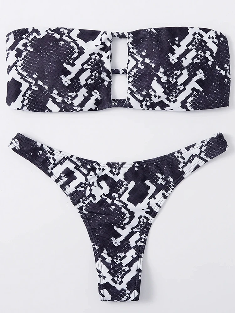 Bikini Bandeau con estampado de serpiente para mujer, traje de baño Sexy de 2 piezas con Tanga, ropa de playa, 2024