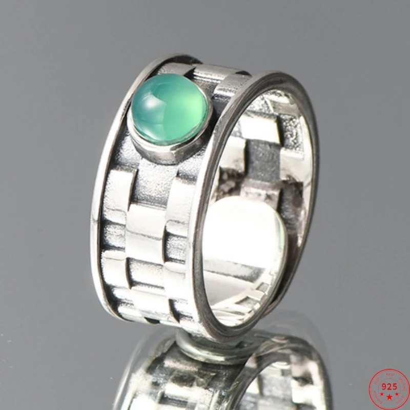 S925 Sterling Silver Rings for Women Men New Fashion Vintage Weaven Pattern Green Agate Adjustable Punk Jewelry