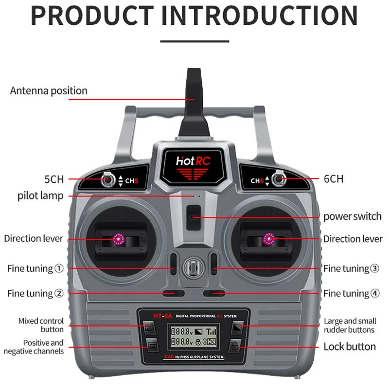 Hottrc HT-6A FPV 드론 RC 송신기, FHSS 및 6CH 리시버, 박스 포함, Rc 비행기, Rc 자동차, Rc 보트, 2.4G