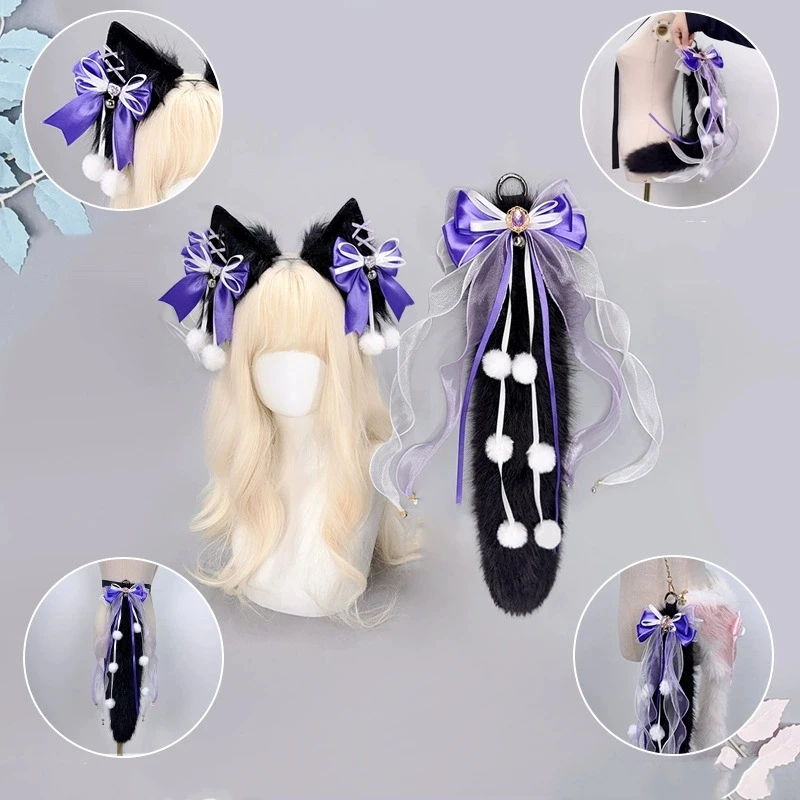 섹시한 고양이 귀와 늑대 여우 머리띠 여성용 레이스 보우 플러시 벨 귀 꼬리 액세서리 코스프레 가장 무도회 파티 의상